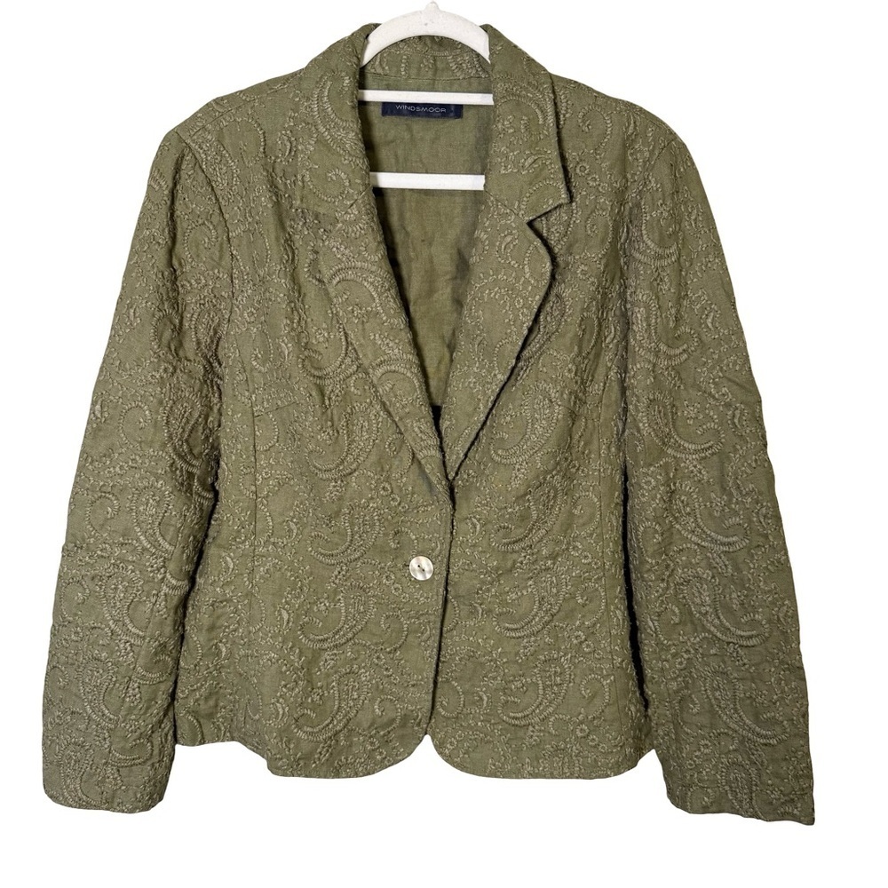 Windsmoor Embroidered Linen Olive Green Paisley Women's Jacket Size 14 Textured